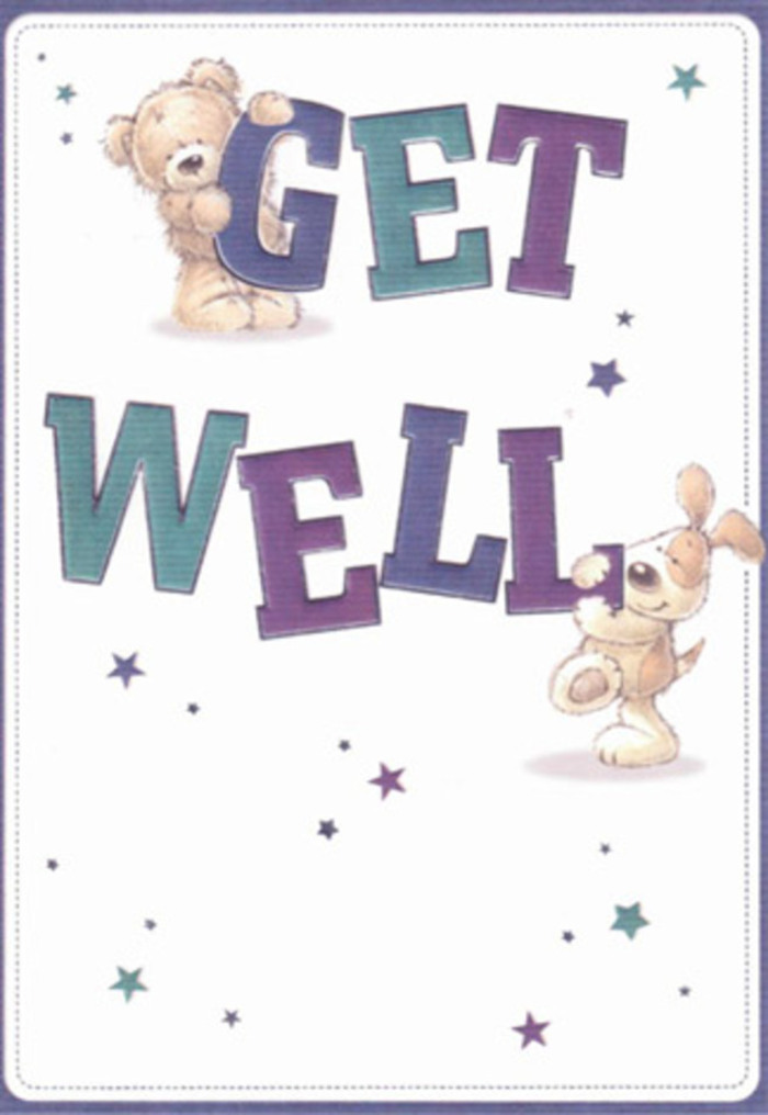 Set against a pristine white canvas, this get well card is a visual ode to gentle encouragement, brought alive by the endearing antics of a bear and a puppy. The joyful duo's soft, textured fur and rounded forms create a sense of touch-offering an almost tangible comfort similar to the feel of silk ribbons and fresh petals at a Knightsbridge florist's bench. Vibrant letters in rich purples and aquas ground the layout, their confident presence matched by the playfulness of dancing stars that sprinkle the scene with cheer. There's a sense of motion and optimism here, as if each star casts good intentions into the airy light. The warmth of the scene recalls the care given to every handcrafted bouquet that leaves a local shop for homes along Brompton Road or Belgrave Square, carrying with it a spirit of hope. The emotional resonance is unmistakable-this card is not just a message, but a heartfelt gesture capable of gently lifting any recipient's spirits, no matter their age. Whether sent alongside an armful of bright blooms from Knightsbridge or tucked into a get well package, it radiates genuine positivity and the special reassurance that comes from something lovingly made by hand.